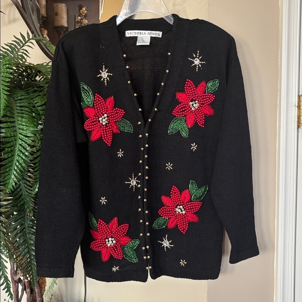 Vintage Victoria Jones Christmas Sweater Cardigan Black Ramie Beaded Poinsettias